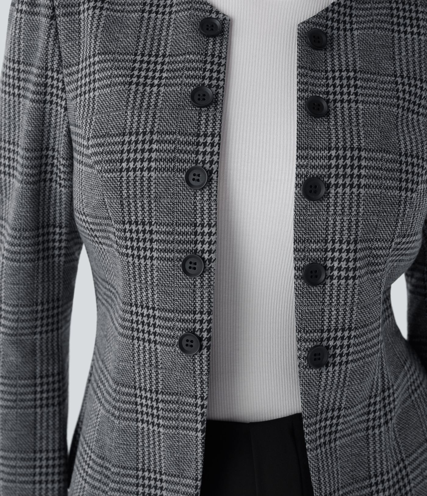Round Neck Long Sleeve Decorative Houndstooth Plaid Work Suit Jacket