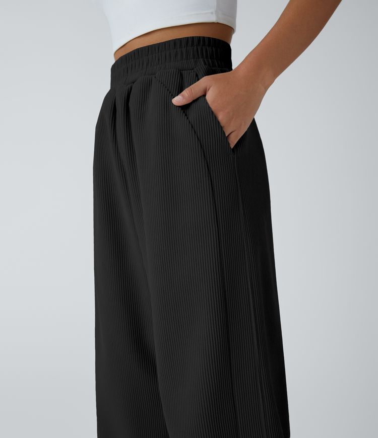 High Waisted Pocket Straight Leg Mop Corduroy Casual Trousers