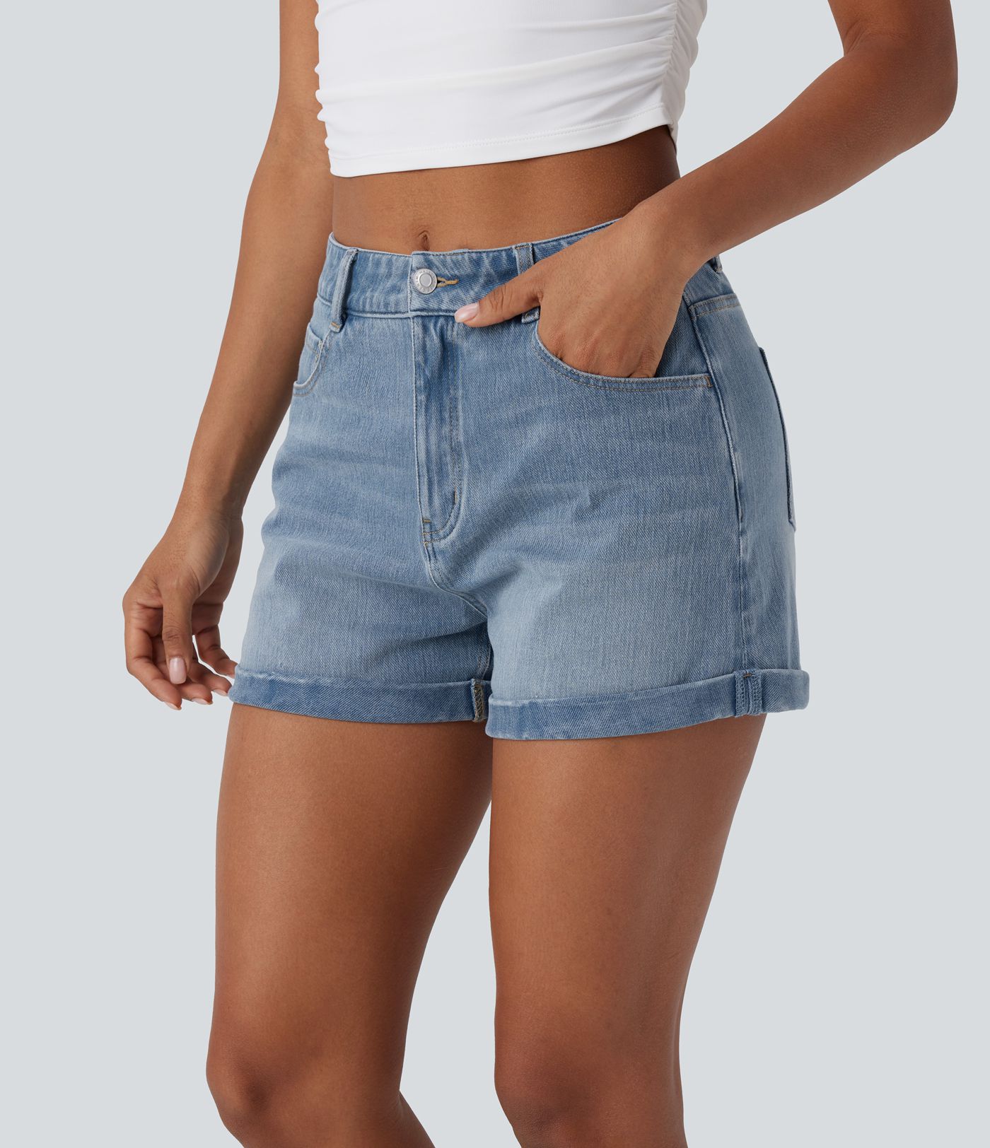 Halara Flex™ Mid Rise Zipper Pockets Denim Casual Shorts 3''