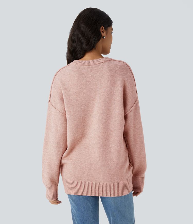 Pull décontracté à col rond, épaules tombantes et manches longues