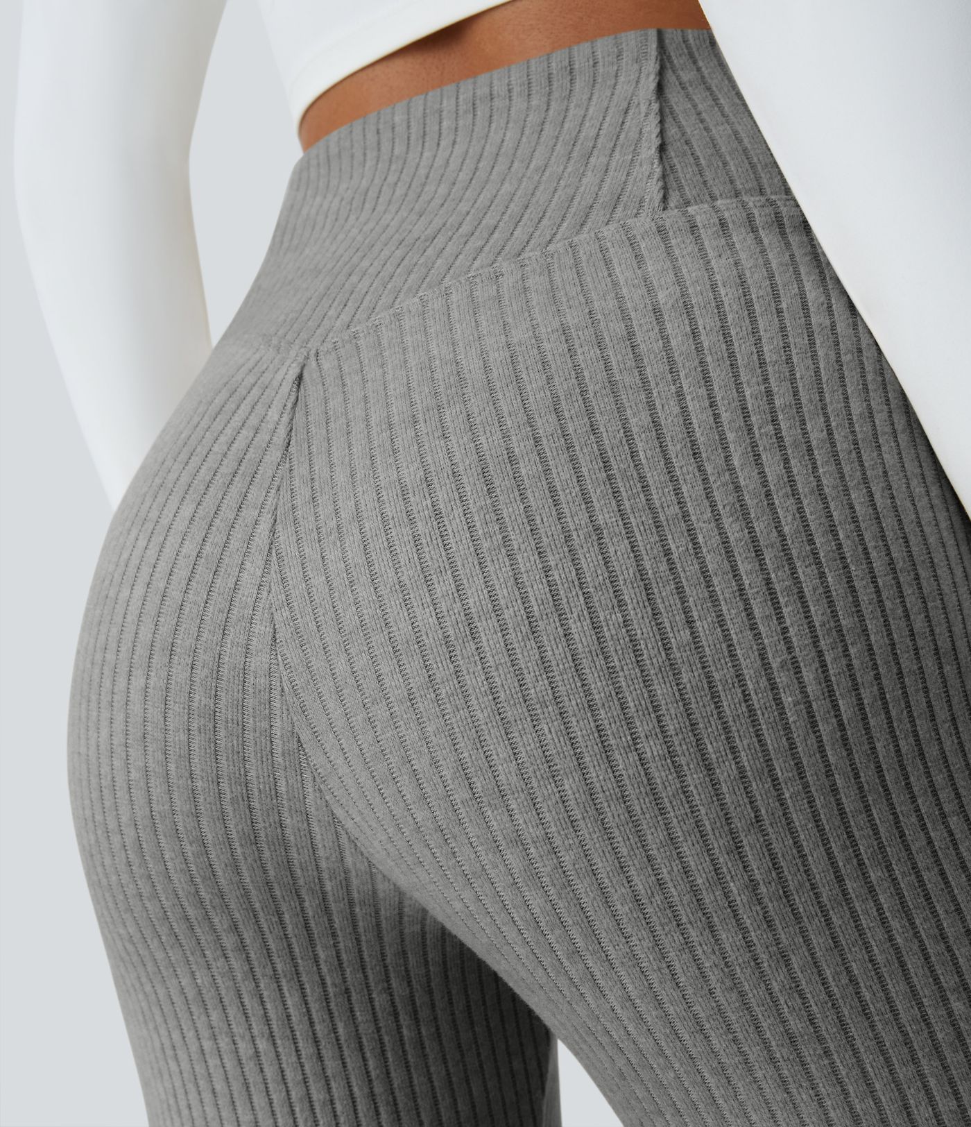 Pantalones acampanados casuales de punto acanalado con cintura alta y bolsillos