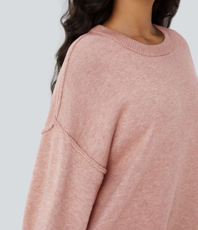 Pull décontracté à col rond, épaules tombantes et manches longues