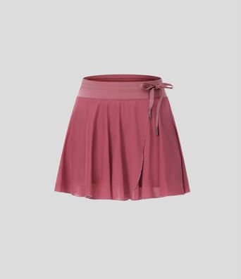 High Waisted Drawstring Contrast Mesh 2-in-1 Pocket Flowy Mini Flare Casual Skirt
