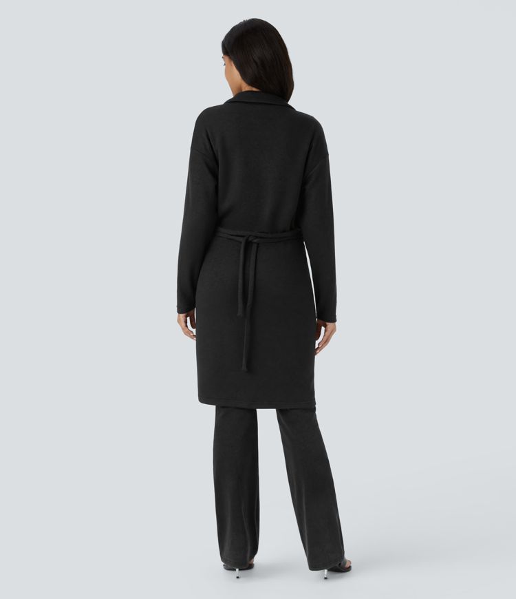Collared Button Long Sleeve Belted Midi Casual Dress