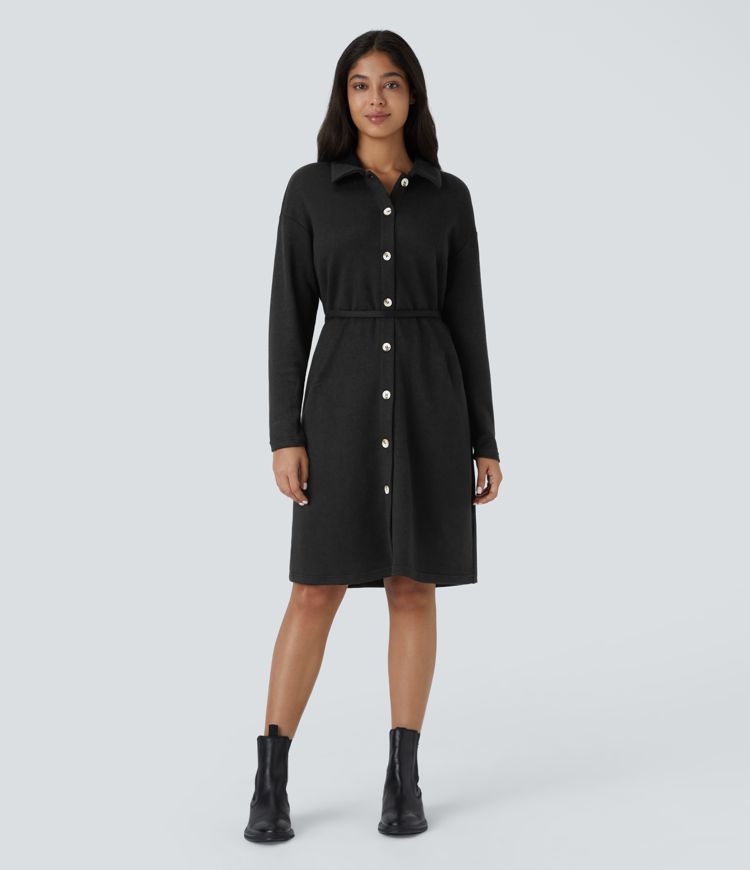 Collared Button Long Sleeve Belted Midi Casual Dress
