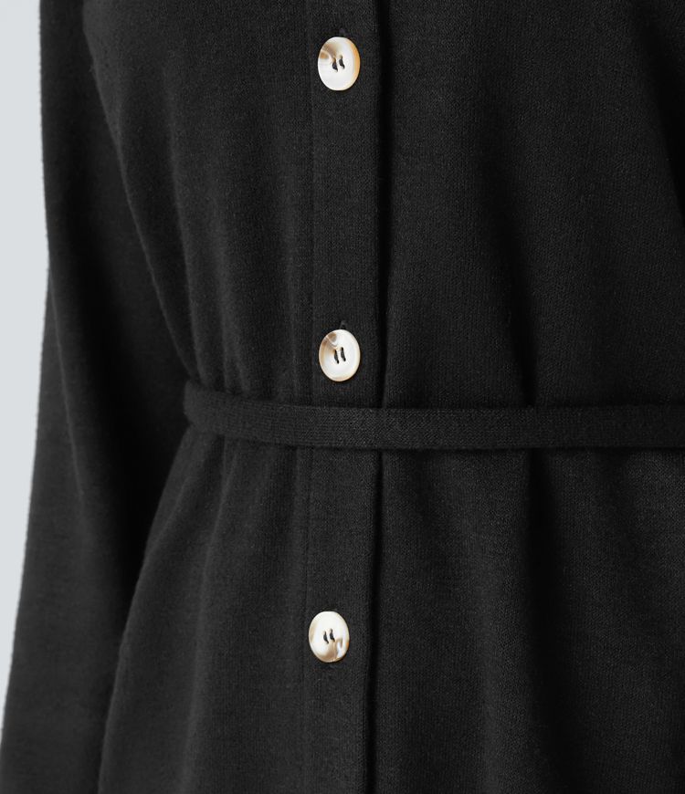 Collared Button Long Sleeve Belted Midi Casual Dress