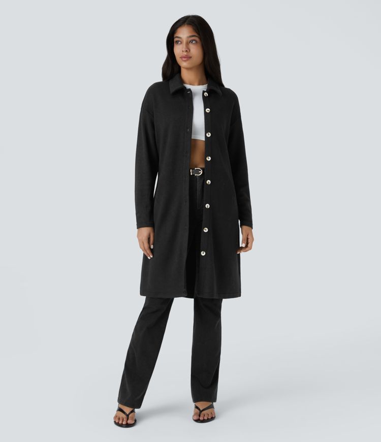 Collared Button Long Sleeve Belted Midi Casual Dress