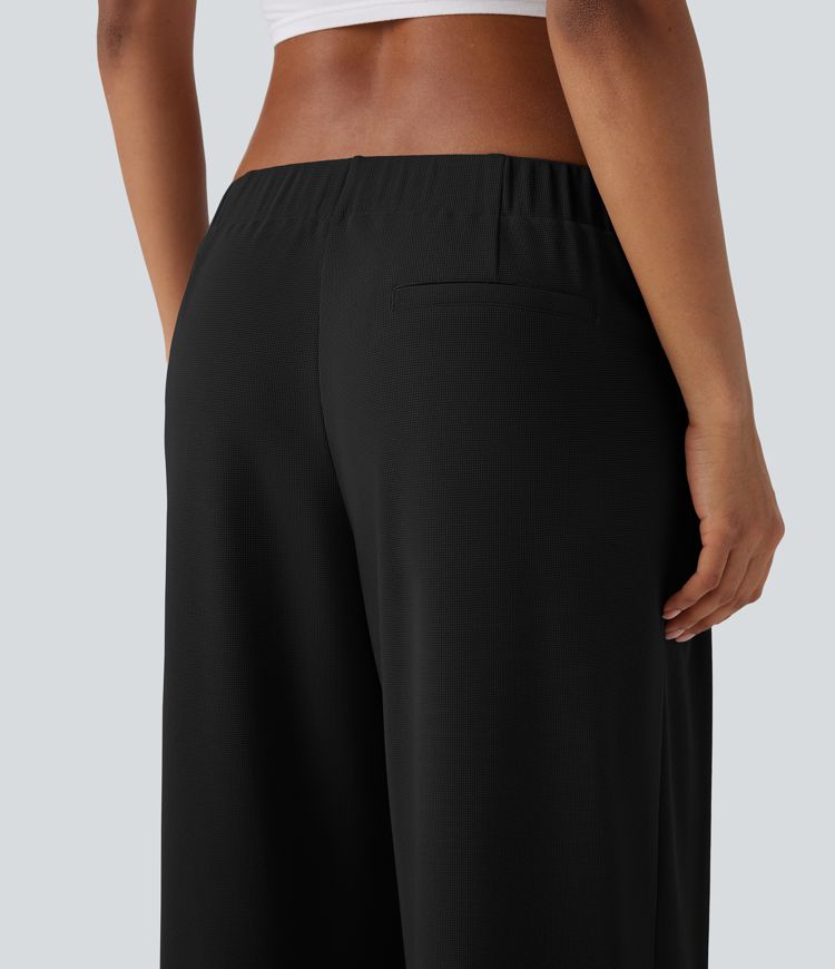 Low Rise Pocket Wide Leg Waffle Casual Pants