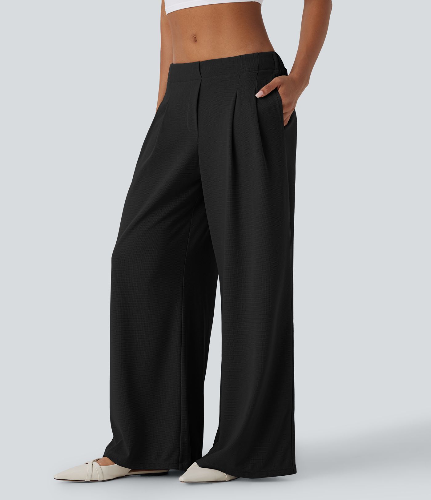 Low Rise Pocket Wide Leg Waffle Casual Pants