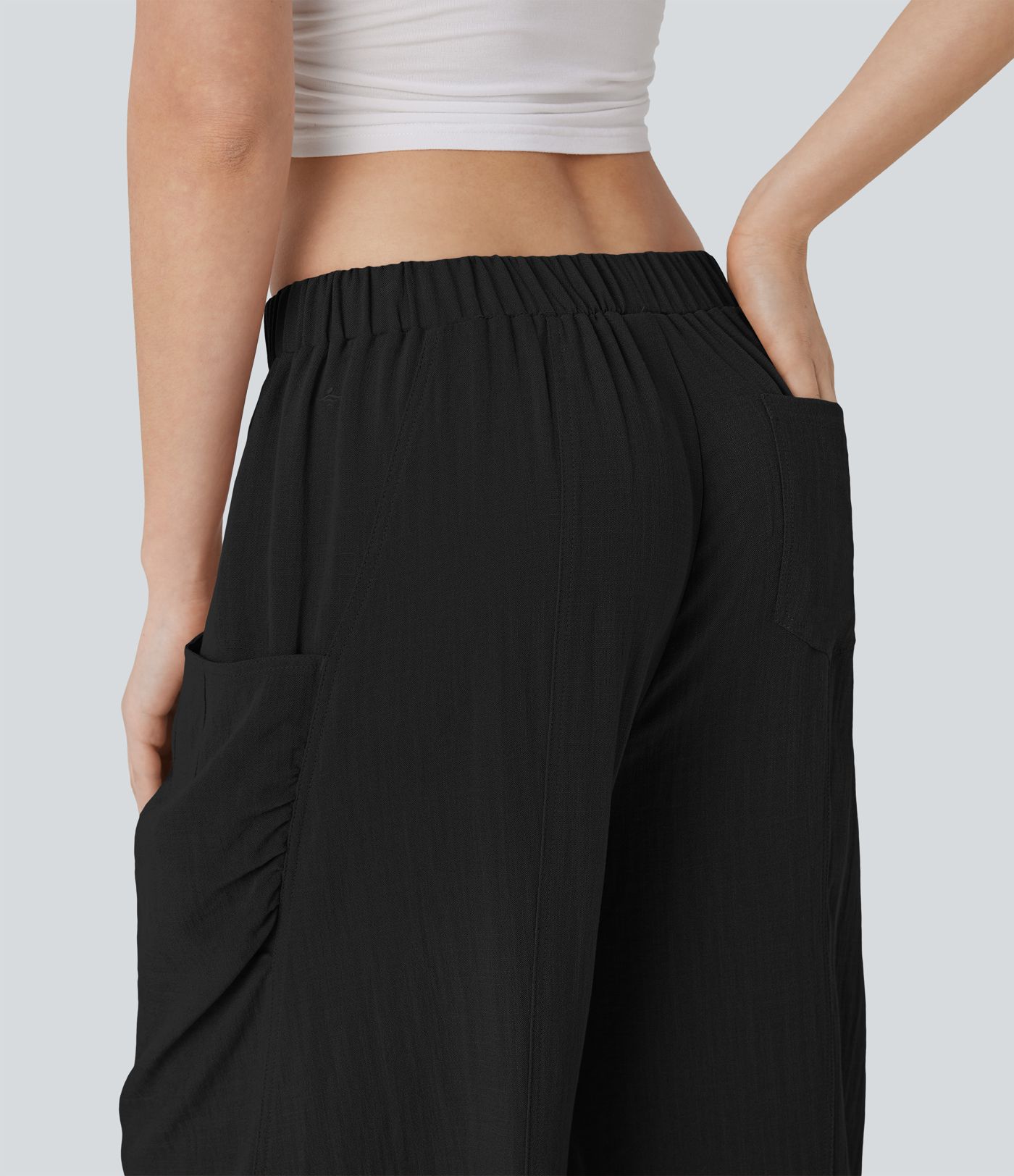 High Waisted Pocket Barrel Leg Casual Linen-Feel Pants