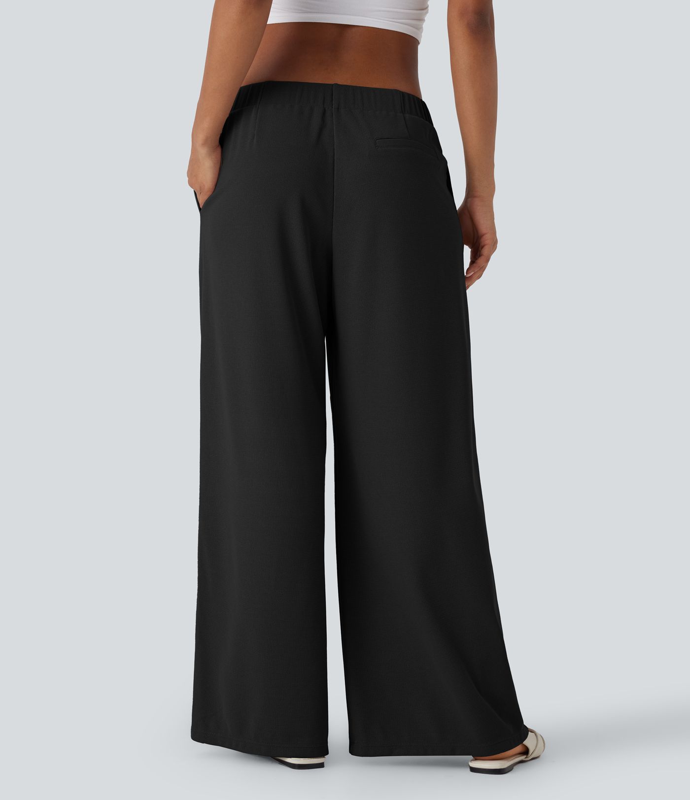 Low Rise Pocket Wide Leg Waffle Casual Pants