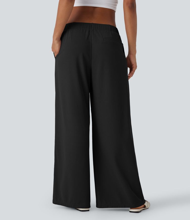 Low Rise Pocket Wide Leg Waffle Casual Pants
