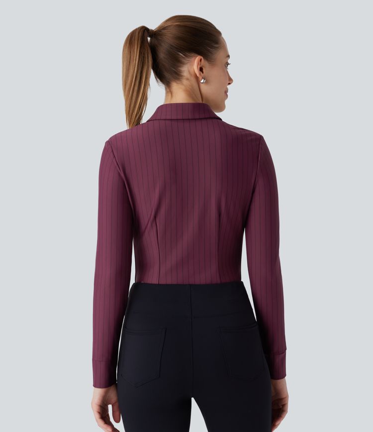 Gerafftes Arbeitshemd mit Kragen, Knöpfen, langen Ärmeln, abgerundetem Saum, Streifen und Cool-Touch 