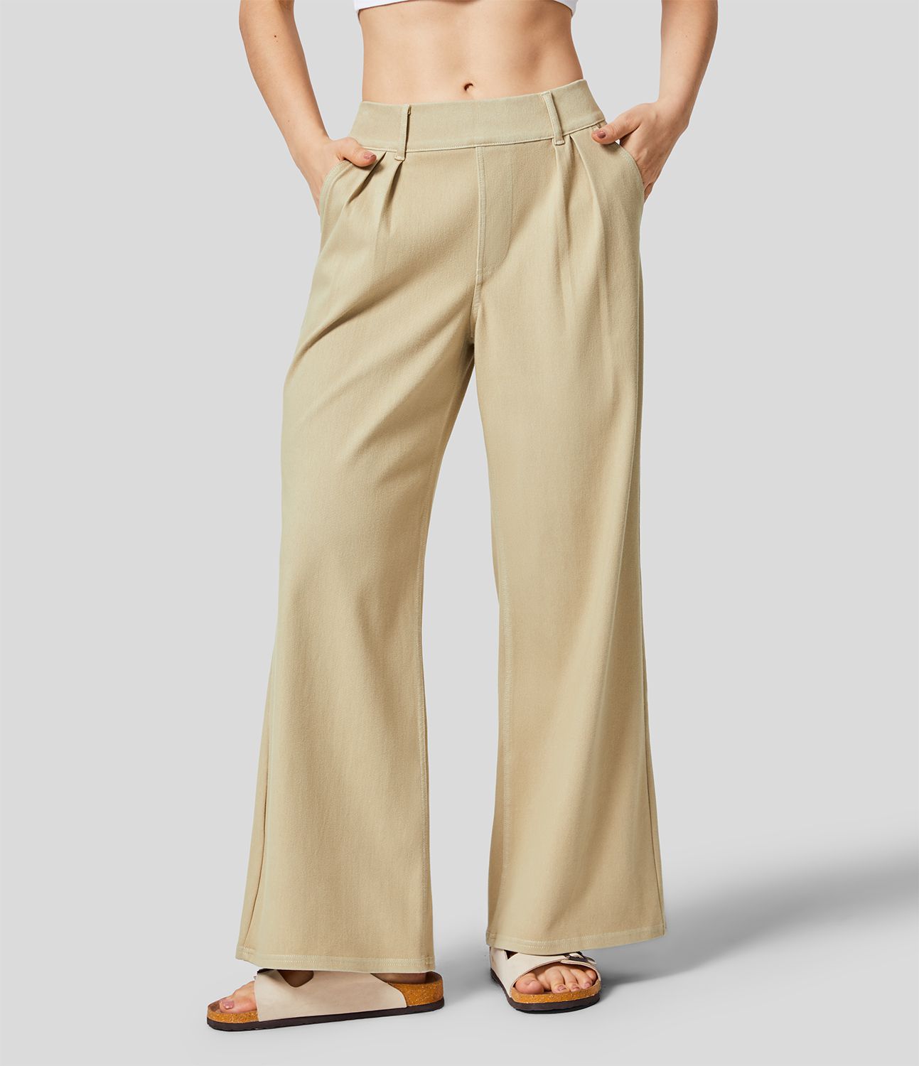 Halara Flex™ Casual jeans made of elastic knit denim with a mid-rise waist, wide leg, and side pockets