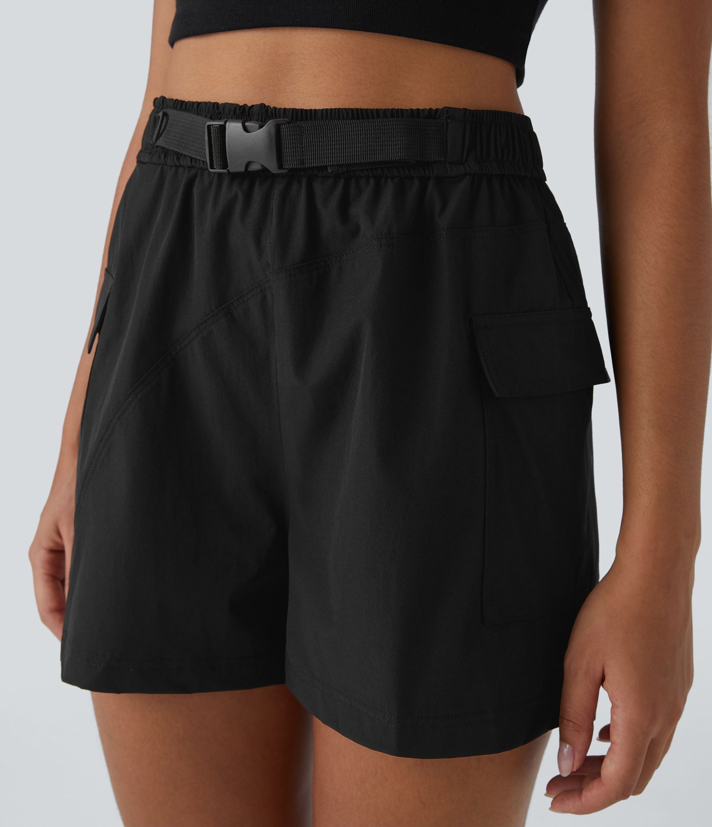 Short Randonnée Cargo Imperméable à Taille Haute avec Ceinture et Poches Latérales
