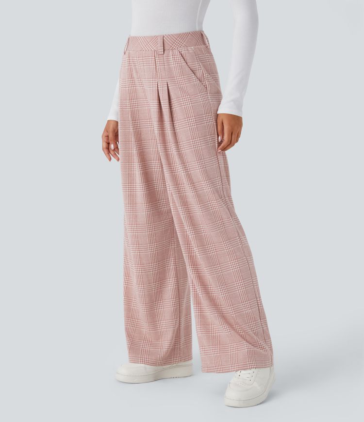High Waisted Plicated Side Pocket Wide Leg Houndstooth Plaid Casual Pants
