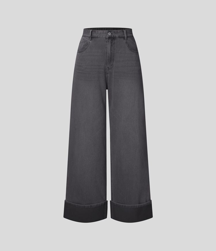 Halara Flex™ High Waisted Pockets Rolled Hem Wide Leg Washed Casual Jeans