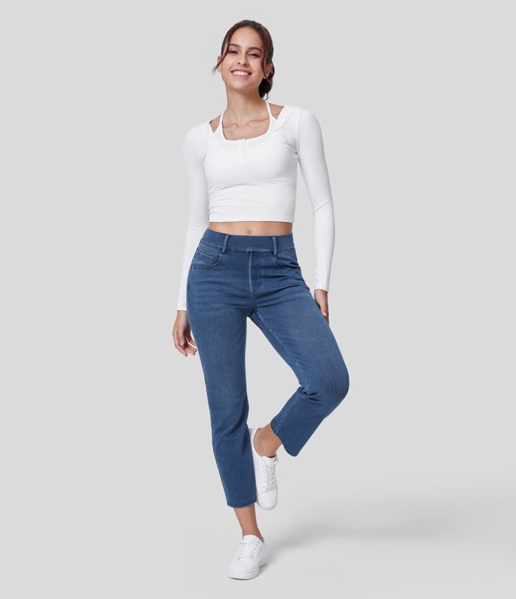 Jeans Halara Flex™ Denim oficina mezclilla elástica lavado pierna recta múltiple bolsillo tiro medio