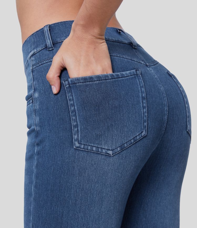 Jeans Halara Flex™ Denim oficina mezclilla elástica lavado pierna recta múltiple bolsillo tiro medio