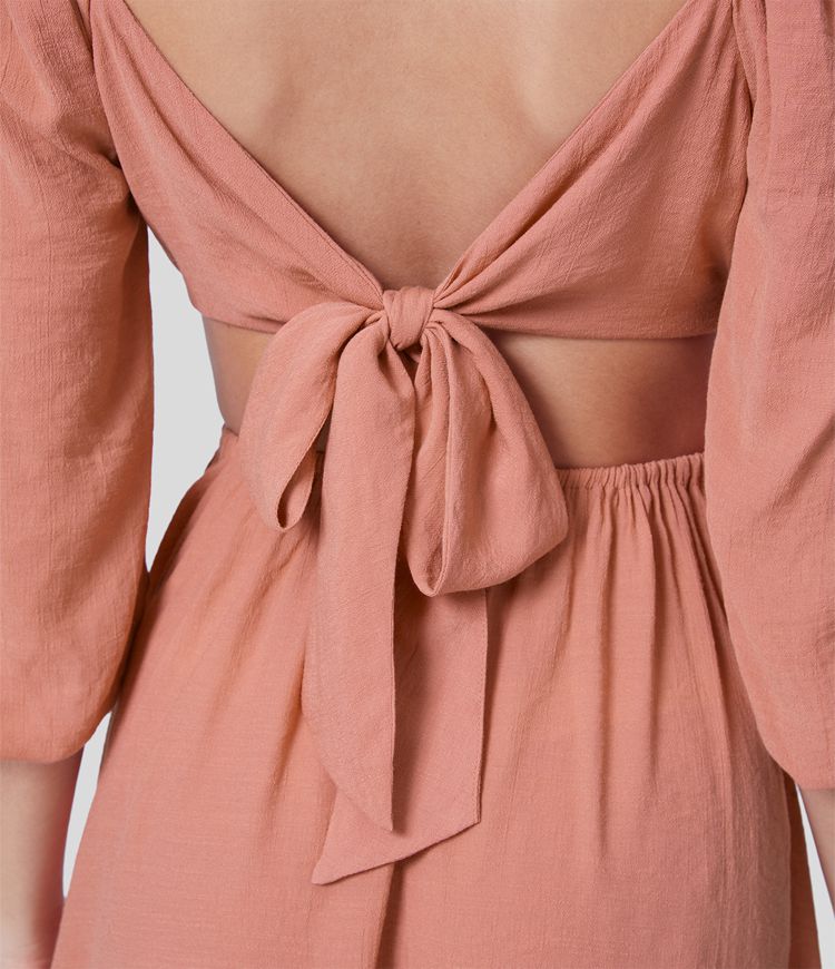 Sweetheart Neck Puff Sleeve Cut Out Backless Tie Back Flowy Mini Casual Dress