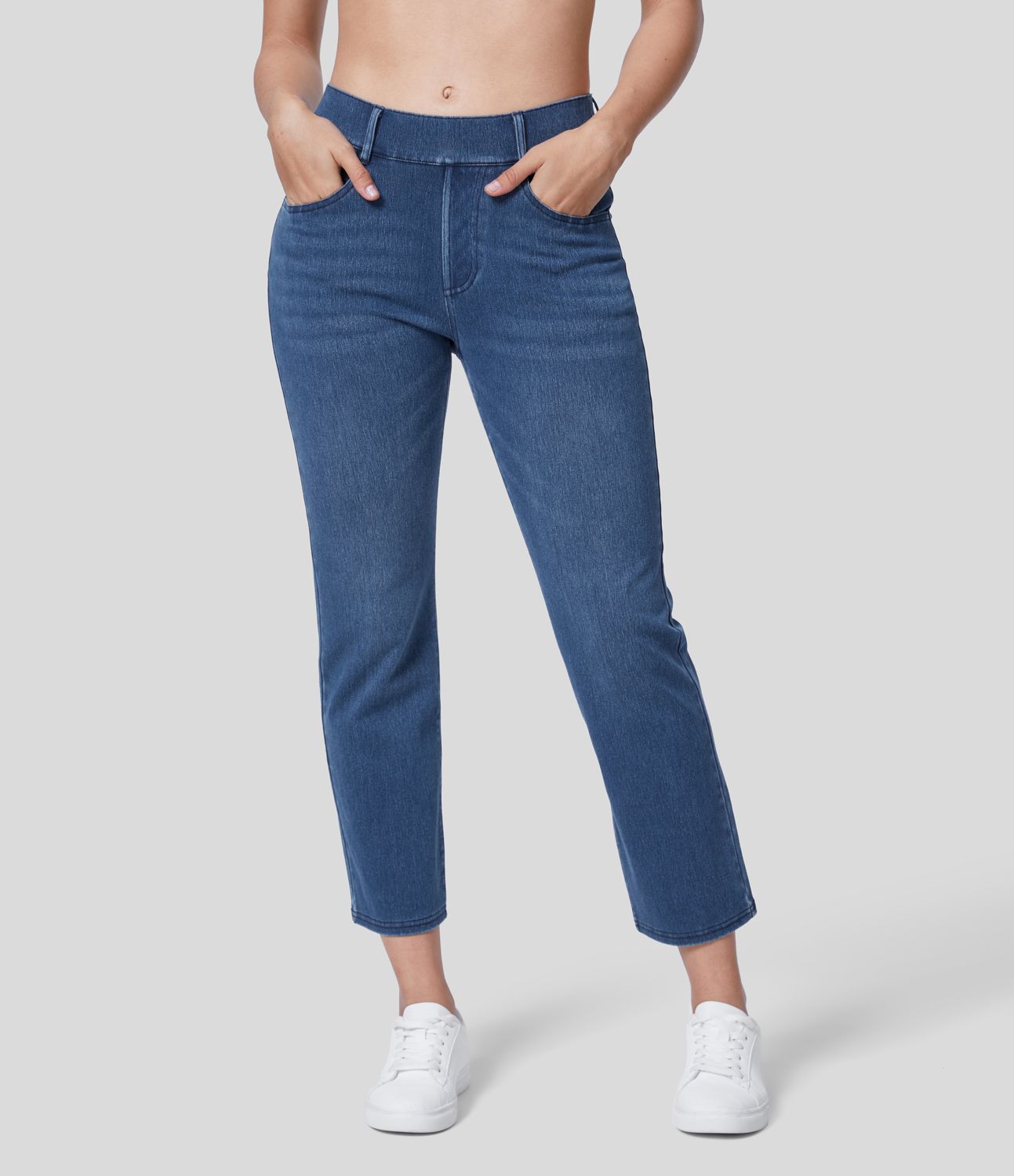 Jeans Halara Flex™ Denim oficina mezclilla elástica lavado pierna recta múltiple bolsillo tiro medio