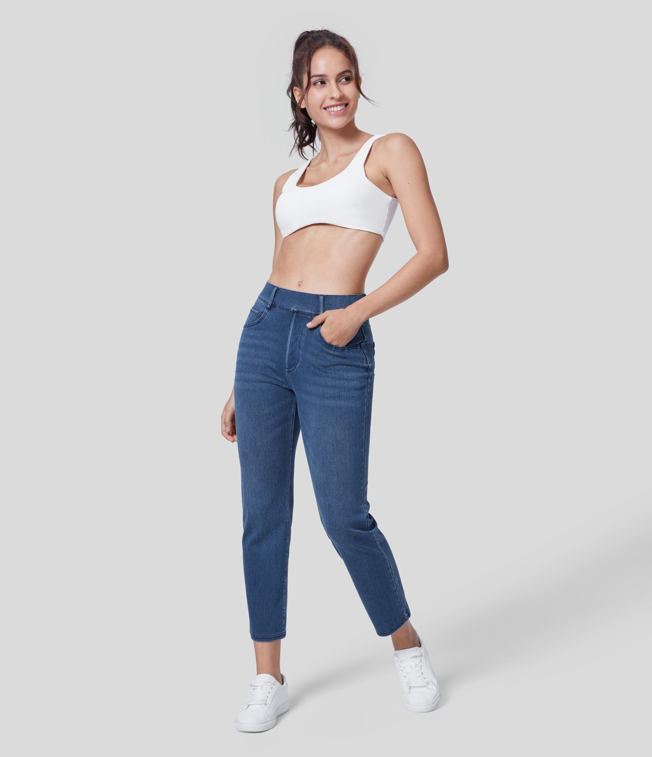 Jeans Halara Flex™ Denim oficina mezclilla elástica lavado pierna recta múltiple bolsillo tiro medio