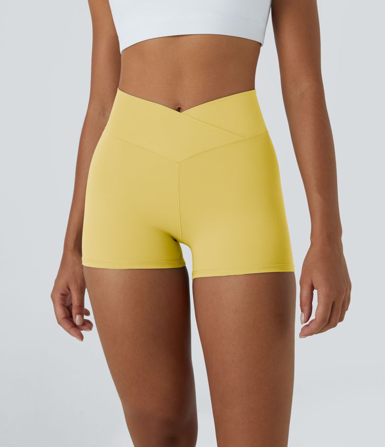 Softlyzero™ High Waisted Crossover Plain Yoga Biker Shorts 3''-UPF50+