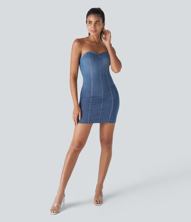 Minivestido Halara Flex™ Denim mezclilla elástico ajustado sin espalda tubo