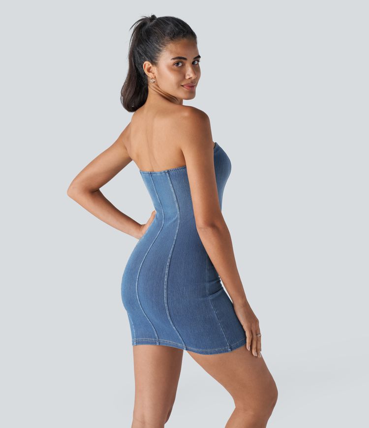Minivestido Halara Flex™ Denim mezclilla elástico ajustado sin espalda tubo