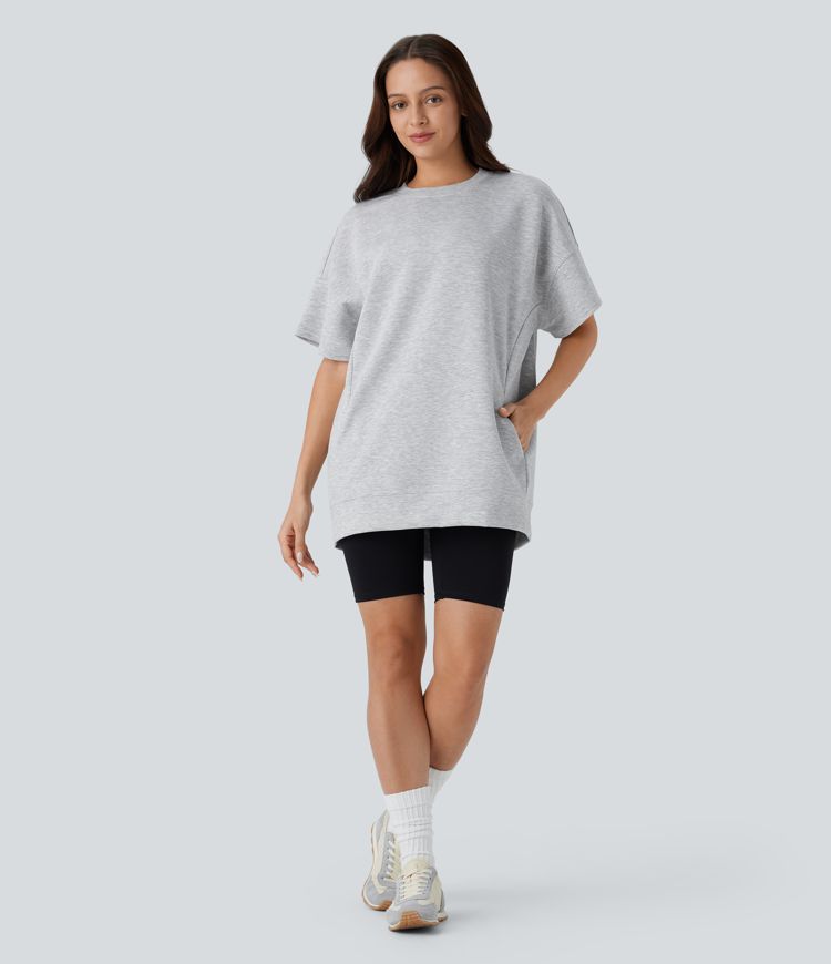 Round Neck Short Sleeve Pocket Oversize Casual Sports Top