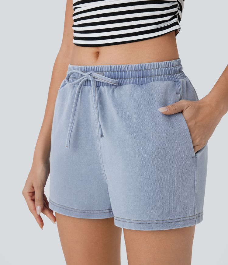 Halara Flex™ Lässige Freizeitshorts aus elastischem Strick-Denim mit niedrigem Bund, Seitentaschen und Kordelzug - 7,6 cm