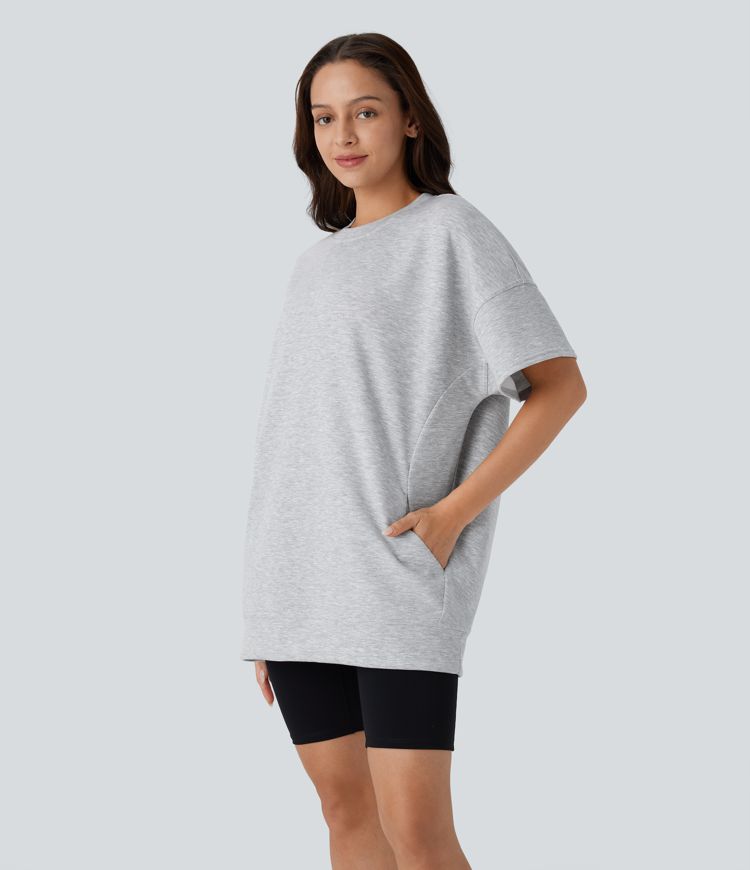 Round Neck Short Sleeve Pocket Oversize Casual Sports Top
