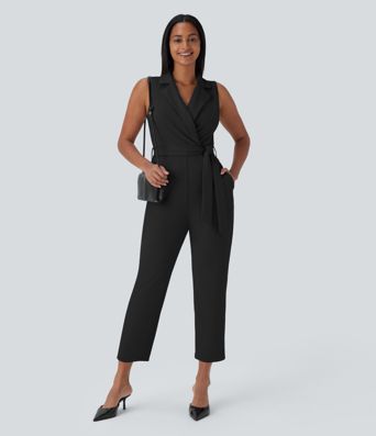 Sleeveless Pockets Belted Tapered Work Jumpsuit