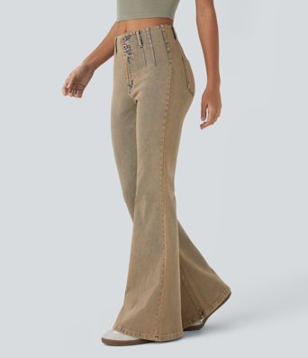 Jeans acampanados casuales de cintura alta Halara Flex™ con bolsillos con cremallera y lavado