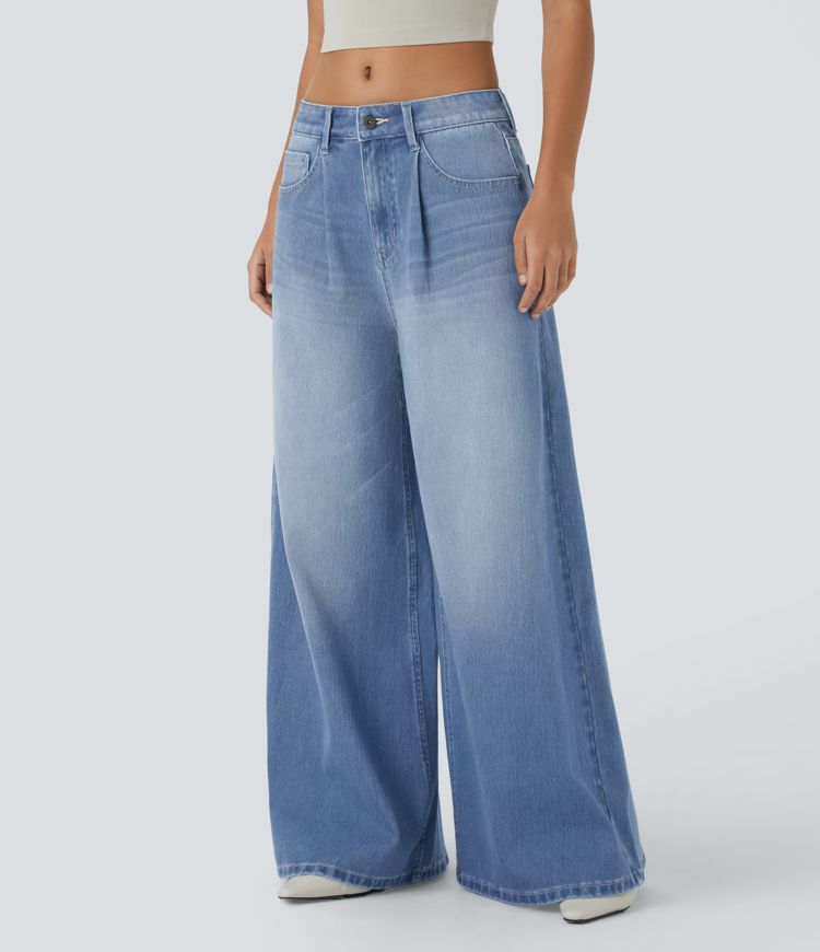 Halara Flex™ Mid Rise Button Zipper Multiple Pockets Wide Leg Washed Stretchy Knit Casual Jeans