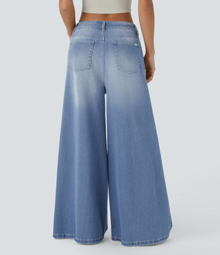 Halara Flex™ Mid Rise Button Zipper Multiple Pockets Wide Leg Washed Stretchy Knit Casual Jeans