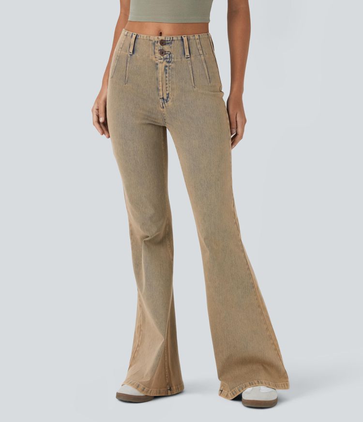 Jeans acampanados casuales de cintura alta Halara Flex™ con bolsillos con cremallera y lavado