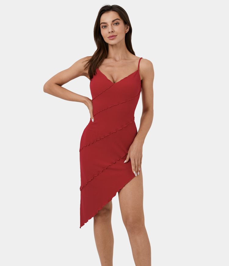 ribbed v neck tie front midi column dress