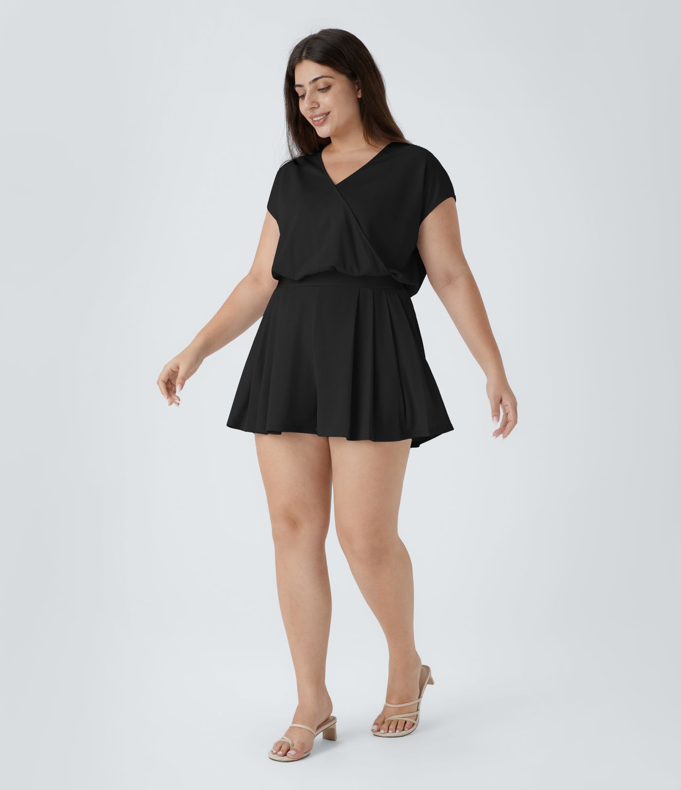 V Neck Short Sleeve Side Pocket Waffle Casual Plus Size Jumpsuit