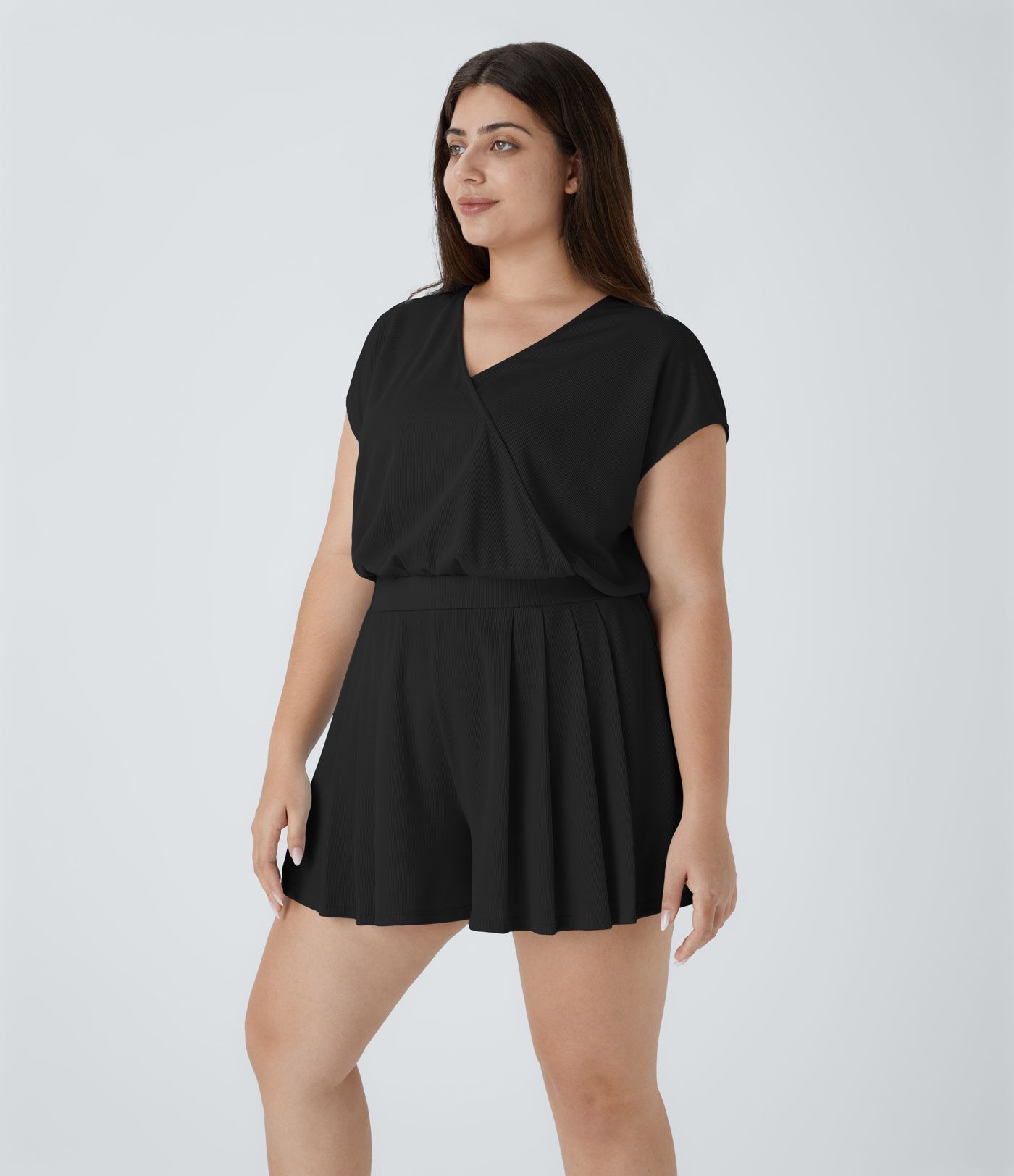 V Neck Short Sleeve Side Pocket Waffle Casual Plus Size Jumpsuit