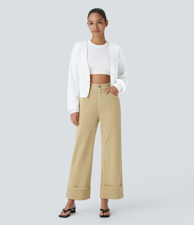 Halara Flex™ High Waisted Pockets Rolled Hem Wide Leg Colorful Washed Casual Jeans