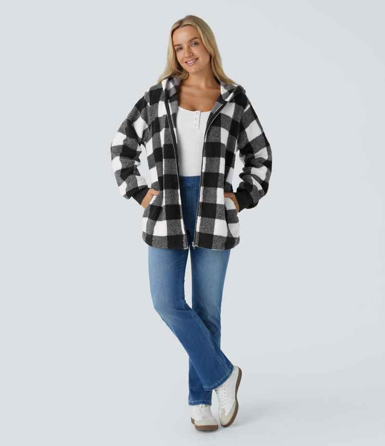 Chaqueta holgada forro polar cuadro cremallera bolsillo lateral manga larga capucha