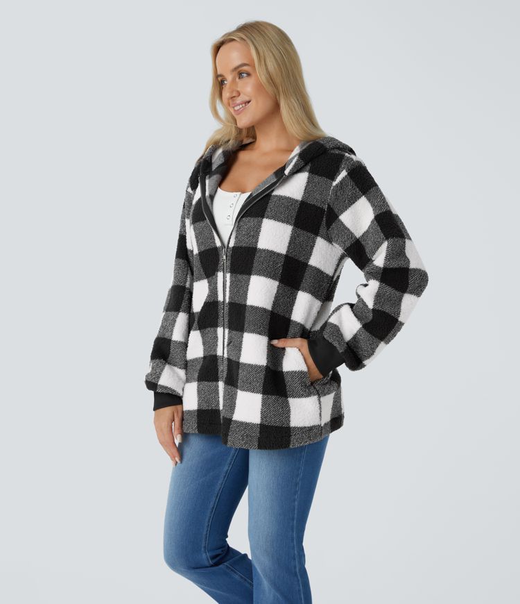 Chaqueta holgada forro polar cuadro cremallera bolsillo lateral manga larga capucha