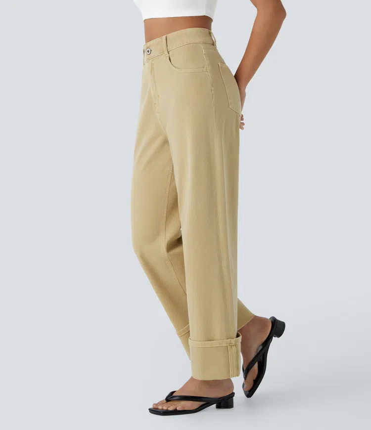 Halara Flex™ High Waisted Pockets Rolled Hem Wide Leg Colorful Washed Casual Jeans