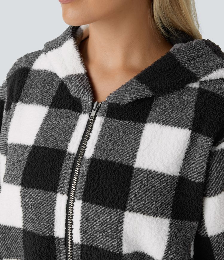 Chaqueta holgada forro polar cuadro cremallera bolsillo lateral manga larga capucha