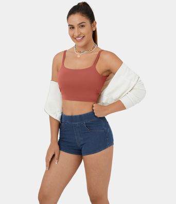 Halara Flex™ High Waisted Multiple Pockets Cool Touch Breathable Washed Stretchy Knit Denim Casual Shorts 2''