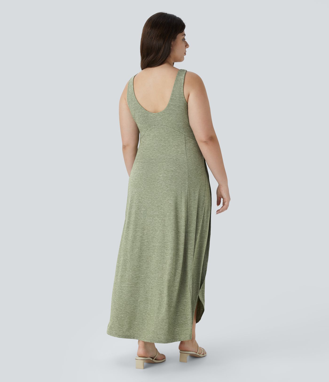 U Neck Backless Split Flowy Maxi Casual Plus Size Tank Dress