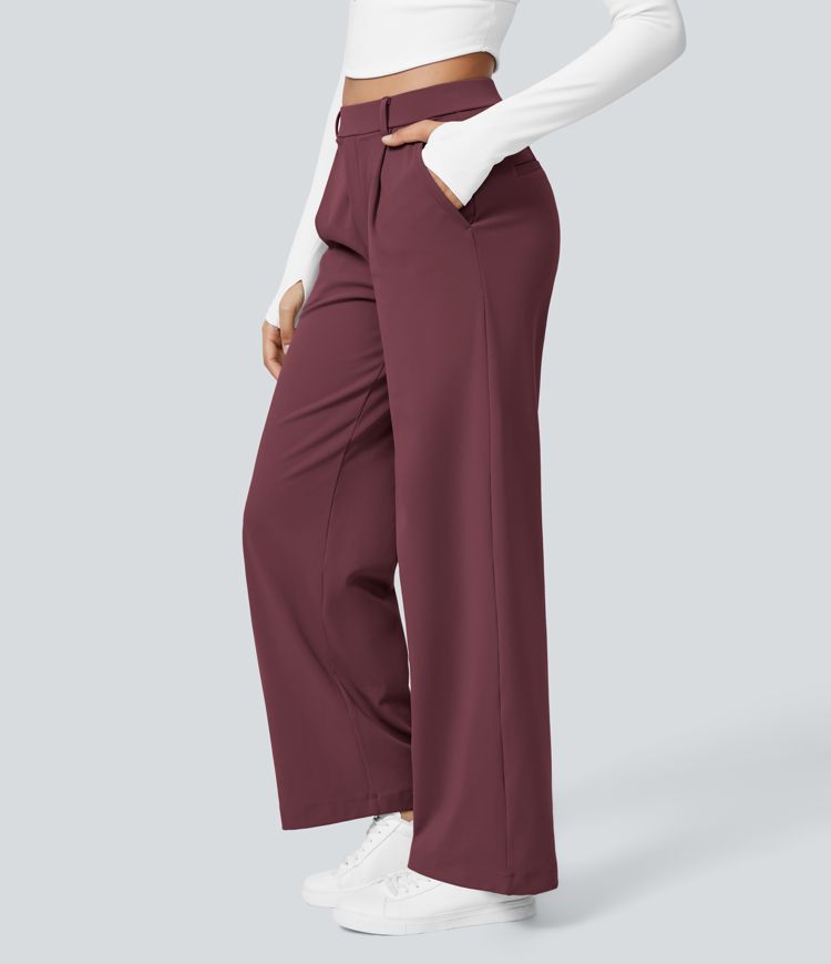 High Waisted Plicated Side Pocket Straight Leg Work Pants