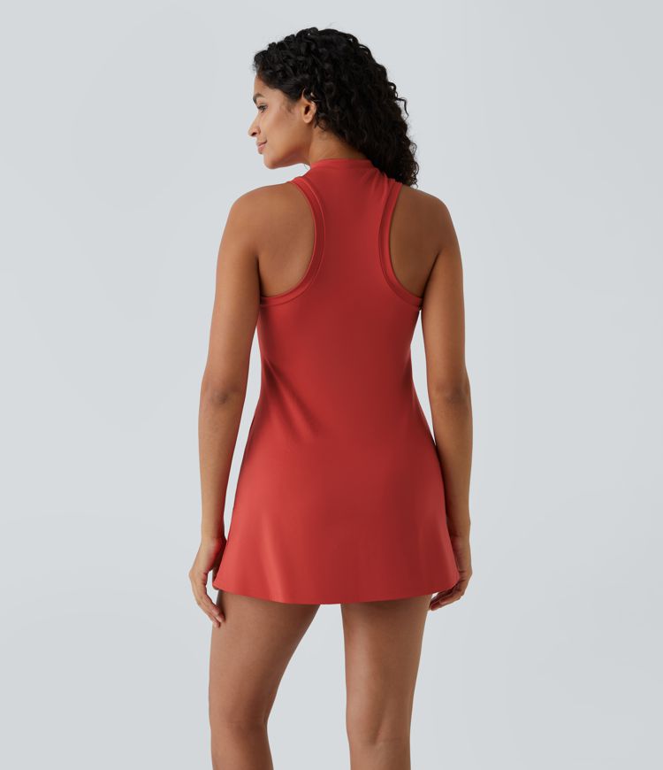 Zipper Racerback Split Side Pocket 2-Piece Mini Tennis Active Dress
