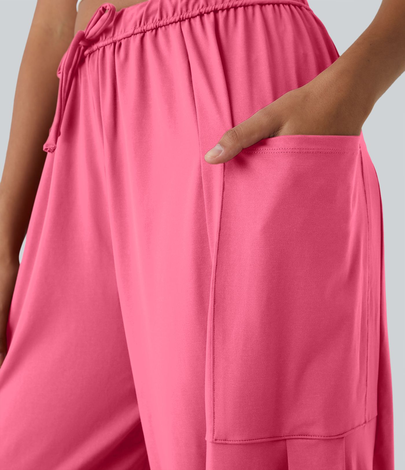 Mid Rise Elastic Waistband Drawstring Pocket Palazzo Flowy Wide Leg Casual Pants